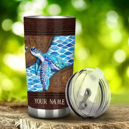 Salty Lil' Beach - Turtle Personalized Leather Pattern Print Tumbler