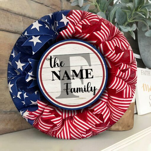 Custom Family Name on Wreath 4th of July America Flag Bow Printed Wood Sign For The US Independence Day, Fourth Of July - artsywoodsy