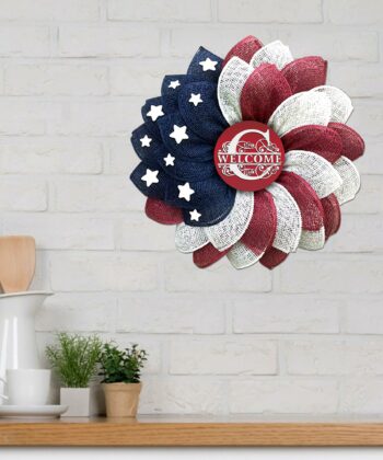 Custom Family Name on Wreath 4th of July America Flag Flower Printed Metal Sign For The US Independence Day, Fourth Of July - artsywoodsy
