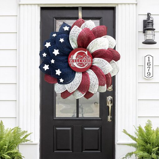 Custom Family Name on Wreath 4th of July America Flag Flower Printed Metal Sign For The US Independence Day, Fourth Of July - artsywoodsy