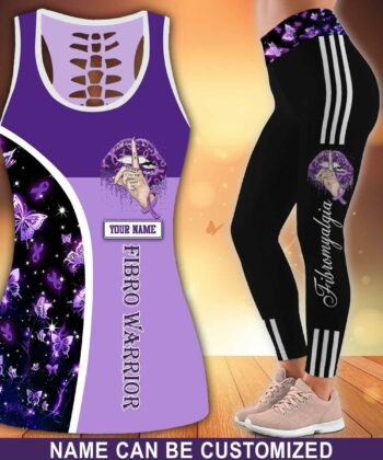 Custom Fibromyalgia Warrior Purple Lips Butterfly Ribbon Pattern Hollow Out Tank Top & Leggings For Fibromyalgia Awareness Month, Happy Mother's Day, Gift For Mom - artsywoodsy