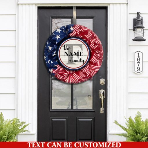 Custom Family Name on Wreath 4th of July America Flag Bow Printed Wood Sign For The US Independence Day, Fourth Of July - artsywoodsy