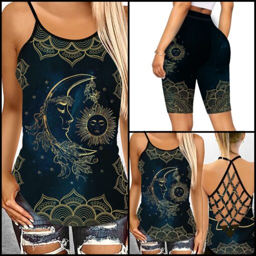 Stay Wild Moon Child Mandala Criss-cross Tank Top & Leggings For Witches, Witchcraft Lovers, Wicca - artsywoodsy