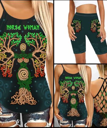 Norse Woman Criss-cross Tank Top & Leggings For Valkyrie Lovers - artsywoodsy