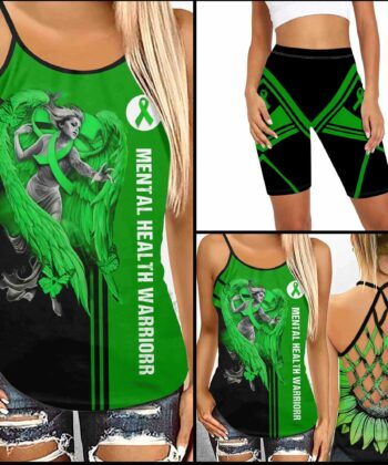 Mental Health Warrior Never Gives Up Criss-cross Tank Top & Leggings For Mental Health Awareness - artsywoodsy