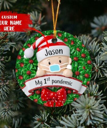 Baby Born During Covid Pandemic Ornament, Baby's First Christmas Ornament, Babys 1st Pandemic Baby With A Mask In A Wreath Ornament Custom - artsywoodsy