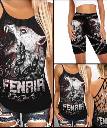 Fenrir Wolf Of Odin Criss-cross Tank Top & Leggings For Valkyrie Lovers - artsywoodsy