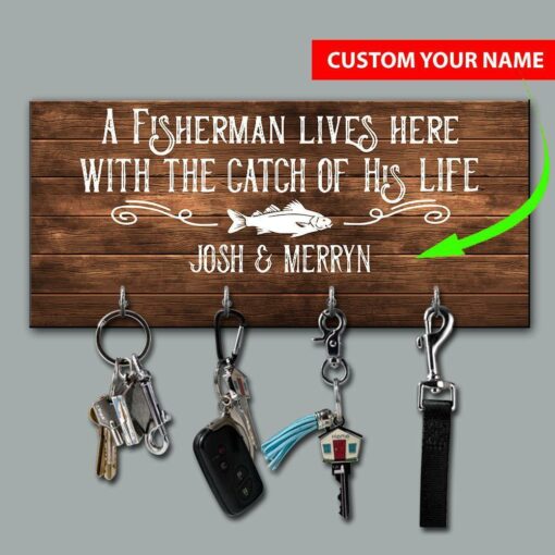 A Fisherman Lives Here, Fishing - All Over Printed Key Holder - artsywoodsy