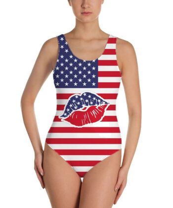 All American Girl Lil' Miss Fire Cracker Mer Merica American Flag Lips Swimsuit For Girls, Summer Holiday, The US Independence Day, 4th of July, Fourth Of July - artsywoodsy