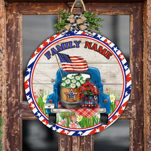 Custom Family Name America Flag Truck Flower Printed Wood Sign For The US Independence Day, Fourth Of July, 4th of July - artsywoodsy