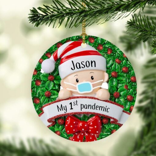 Baby Born During Covid Pandemic Ornament, Baby's First Christmas Ornament, Babys 1st Pandemic Baby With A Mask In A Wreath Ornament Custom - artsywoodsy