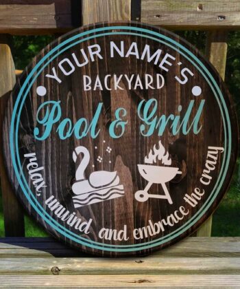 Custom Relax, Unwind & Embrace The Crazy Printed Wood Sign For Backyard, Pool Bar, Pool & Grill Sign - artsywoodsy