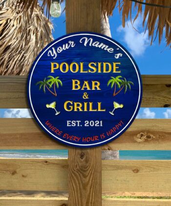 Custom Poolside Bar & Grill Printed Wood Sign, Patio Sign, Backyard Decor, Perfect Gift For Father's Day - artsywoodsy