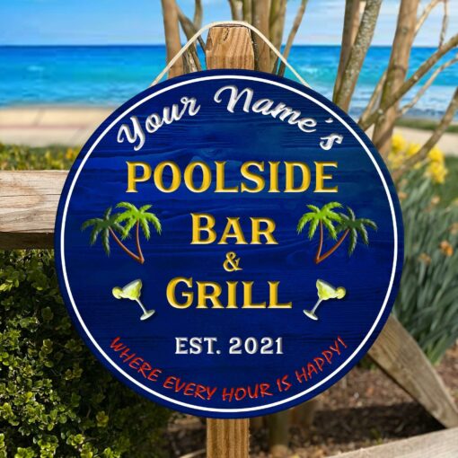 Custom Poolside Bar & Grill Printed Wood Sign, Patio Sign, Backyard Decor, Perfect Gift For Father's Day - artsywoodsy