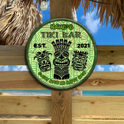 Custom Tiki Bar, Tiki Hut, Tiki Lounge With Green Tiki Pattern Printed Wood Sign For Your Bars, Pubs - artsywoodsy