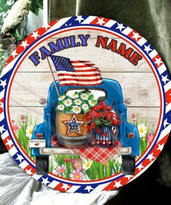 Custom Family Name America Flag Truck Flower Printed Wood Sign For The US Independence Day, Fourth Of July, 4th of July - artsywoodsy