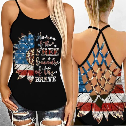 Home Of The Free US Flag Sunflower Criss-cross Tank Top For Hippie, Perfect For Independence Day, 4th Of July - artsywoodsy