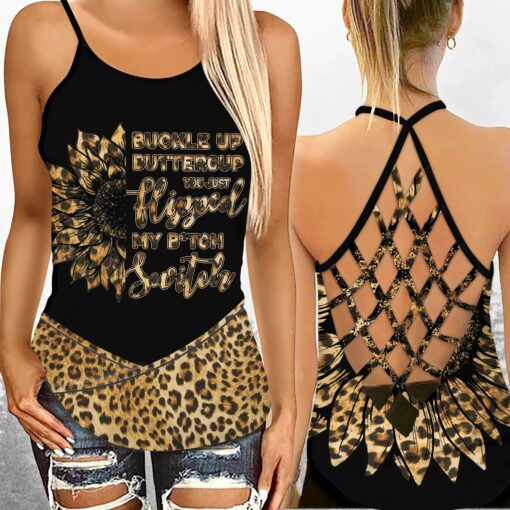 Buckle Up Buttercup Criss-cross Tank Top For Hippie, Sunflower Lovers - artsywoodsy