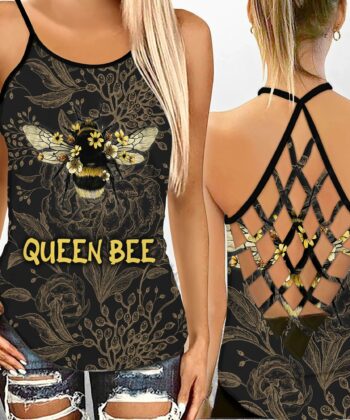 Queen Bee and Floral Pattern All Over Printed Criss-cross Tank Top For Bee Lovers, Beekeepers, Beekeeping - artsywoodsy