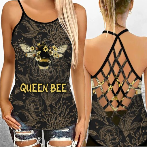 Queen Bee and Floral Pattern All Over Printed Criss-cross Tank Top For Bee Lovers, Beekeepers, Beekeeping - artsywoodsy