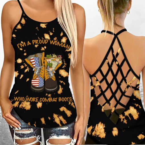 I'm A Proud Woman Who Wore Combat Boots Criss-cross Tank Top For Female Veterans, Independence Day, 4th Of July - artsywoodsy