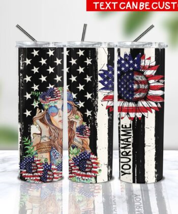 Custom US Flag Sunflower Skinny Tumbler For Independence Day, 4th Of July - artsywoodsy