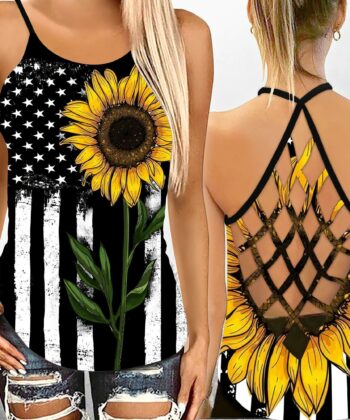 Black and White American Flag Sunflower Criss-cross Tank Top For Hippie Lovers, Independence Day - artsywoodsy
