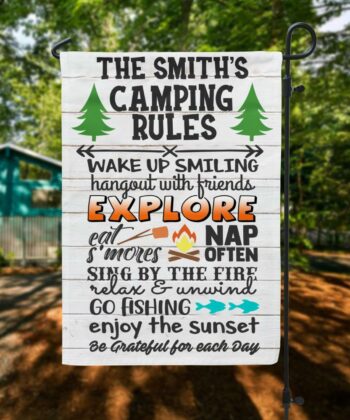 Camping Rules, Custom Flag, Retirement Gift for Traveler - artsywoodsy