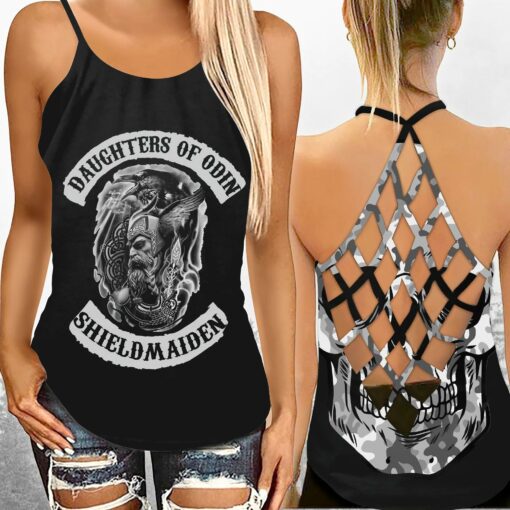 Daughters Of Odin Shieldmaiden Criss-cross Tank Top & Leggings For Viking, Valkyrie Lovers - artsywoodsy