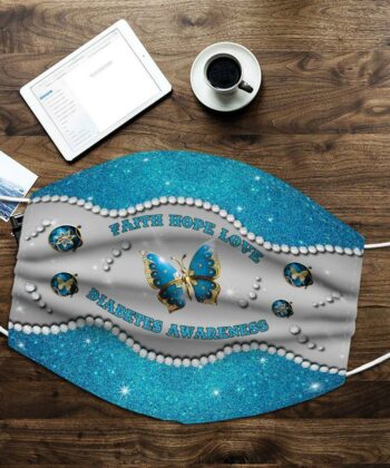 Diabetes Faith Hope Love Blue Butterfly Face Mask For Diabetes Awareness - artsywoodsy
