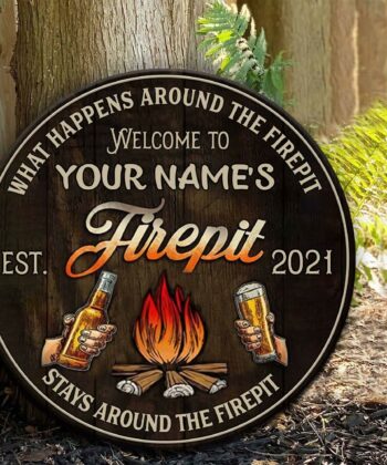 Custom Welcome To Our Firepit Printed Wood Sign For Camping Lovers, Campers, Happy Father's Day - artsywoodsy