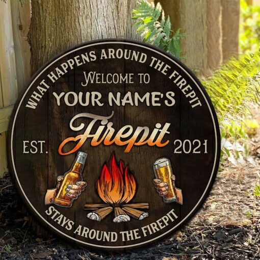Custom Welcome To Our Firepit Printed Wood Sign For Camping Lovers, Campers, Happy Father's Day - artsywoodsy
