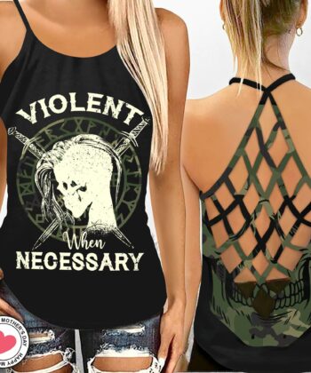 Violent When Necessary Camoflage Viking Criss-cross Tank Top - artsywoodsy