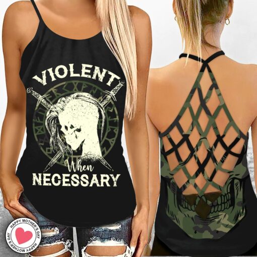 Violent When Necessary Camoflage Viking Criss-cross Tank Top - artsywoodsy