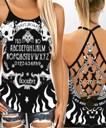 Cat Skull Spirit Board Criss-cross Tank Top For Witches, Witchcraft Lovers, Wicca - artsywoodsy