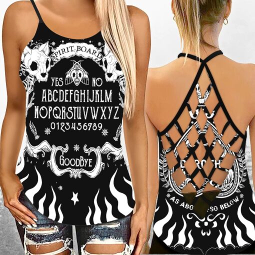 Cat Skull Spirit Board Criss-cross Tank Top For Witches, Witchcraft Lovers, Wicca - artsywoodsy