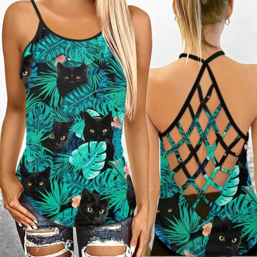 Black Cat Hawaiian Pattern Criss Cross Tank Top For Hot Summer, Cat Lovers, Happy Mother's Day, Gift For Mom, Gift For Sissy - artsywoodsy