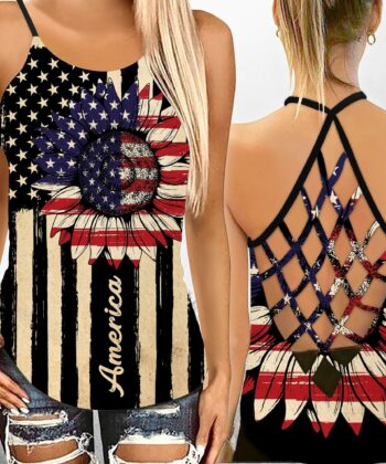 Independence Day US Flag Sunflower Criss-cross Tank Top For Hippie Lovers - artsywoodsy