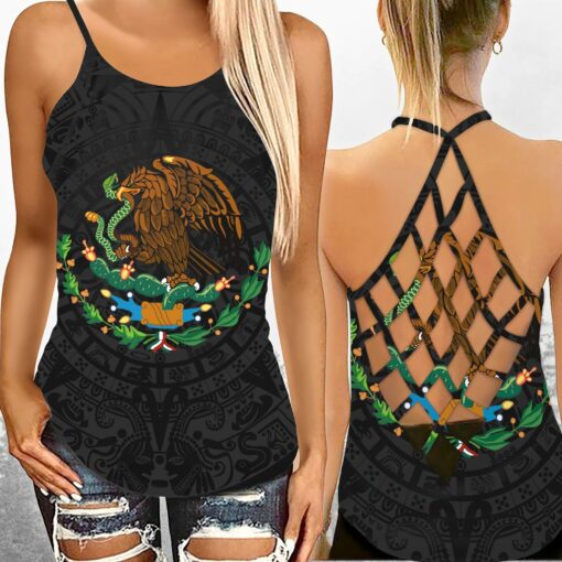 Aztec Mexico Criss-cross Tank Top & Leggings For Mexican American, Mexican Army, Mexico - artsywoodsy
