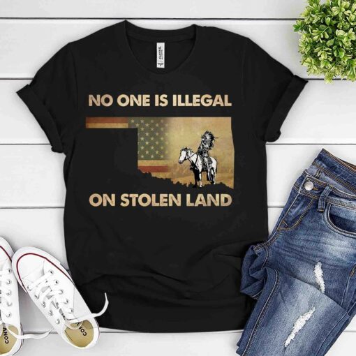 No One Is Illegal On Stolen Land, 2D T-shirt For Oklahoma Native Americans & Immigrants - artsywoodsy