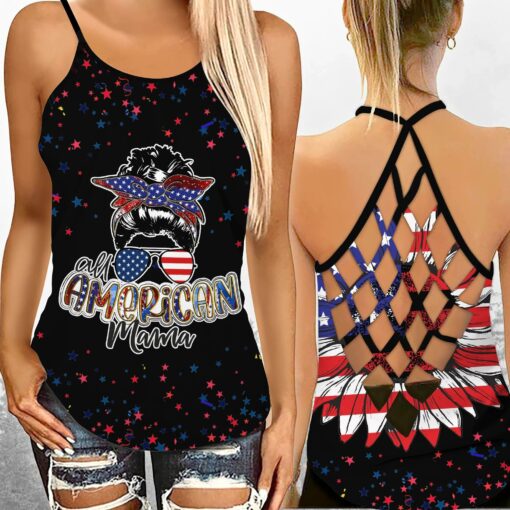 American Mama America Flag Criss Cross Tank Top For The US Independence Day, Fourth Of July, 4th of July - artsywoodsy