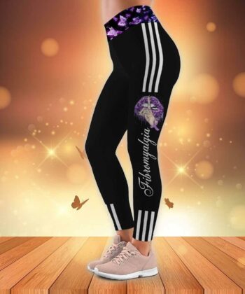 Custom Fibromyalgia Warrior Purple Lips Butterfly Ribbon Pattern Hollow Out Tank Top & Leggings For Fibromyalgia Awareness Month, Happy Mother's Day, Gift For Mom - artsywoodsy