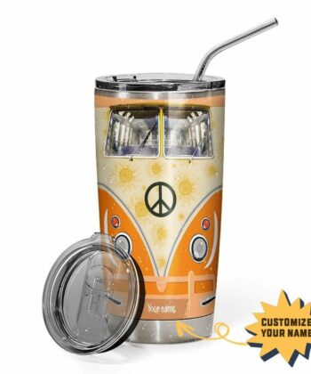 Gearhumans 3D Hippie Orange Peace Vw Bus with Golden Retriever Glitter Custom Name Design Vacuum Insulated Tumbler