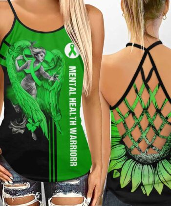 Mental Health Warrior Never Gives Up Criss-cross Tank Top & Leggings For Mental Health Awareness - artsywoodsy