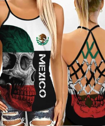 Mexico Skull Criss-cross Tank Top & Leggings For Mexican American, Mexican Army, Mexico - artsywoodsy