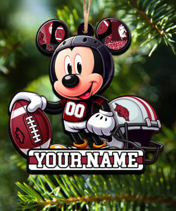 Arkansas Razorbacks 2 Layered Wooden Ornament Personalized Your Name And Number, Football Team And MK Mouse Ornament, Football Lover Gifts ETHY-52624