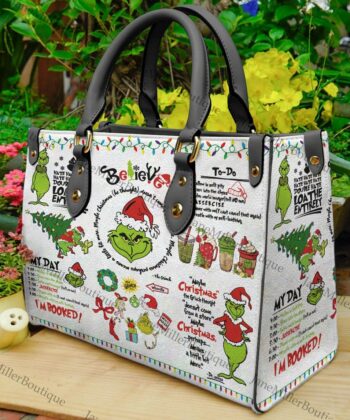 Grinch Christmas Leather Bag, Grinch Lover Handbag, Custom Leather Bag, Woman Handbag, Custom Leather Bag, Shopping Bag, Handmade Bag EHIVM-53252